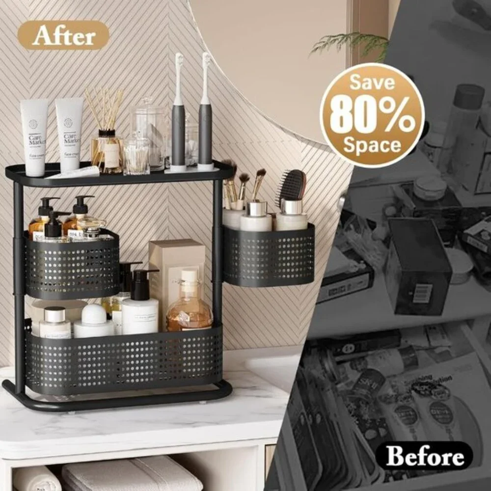 3-Tier Rotating Bathroom Organizer, Black Vanity & Kitchen Counter Storage Rack